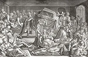People dying from illness, including the plague, during the Spanish siege of the city of Leiden during the 80 Years War People dying from illness, including the plague, during the Spanish siege of the city of Leiden during the 80 Years War