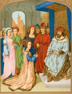 The Queen Of Sheba Before Solomon. 15Th Century Costume. Facsimile Of Miniature From Breviary Of Cardinal Grimaldi The Queen Of Sheba Before Solomon. 15Th Century Costume. Facsimile Of Miniature From Breviary Of Cardinal Grimaldi