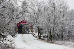 Red Covered Bridge In The Winter; Adamsville Quebec Canada Red Covered Bridge In The Winter; Adamsville Quebec Canada