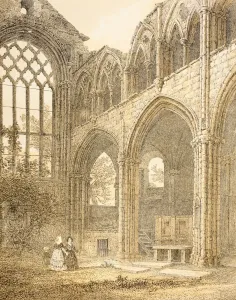 Ruins Of Holyrood Abbey, Edinburgh, Scotland From A 19Th Century Engraving. Entrance To The Royal Vault Ruins Of Holyrood Abbey, Edinburgh, Scotland From A 19Th Century Engraving. Entrance To The Royal Vault
