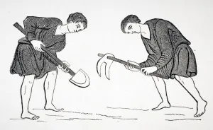 Serfs Labouring In Fields With Hoe And Spade After A Miniature In 12Th Century Manuscript Serfs Labouring In Fields With Hoe And Spade After A Miniature In 12Th Century Manuscript