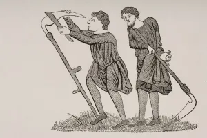 Serfs Labouring Fields With Scythes After A Miniature In 12Th Century Manuscript Serfs Labouring Fields With Scythes After A Miniature In 12Th Century Manuscript