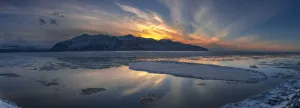 Sheets Of Ice Being Carried Out With Outgoing Tide On Turnagain Arm At Sunset, South Of Anchorage, Alaska Sheets Of Ice Being Carried Out With Outgoing Tide On Turnagain Arm At Sunset, South Of Anchorage, Alaska