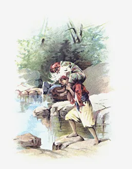 Sinbad the Sailor carrying the Old Man of the Sea on his shoulders. After an illustration by Francis Brundage in an Sinbad the Sailor carrying the Old Man of the Sea on his shoulders. After an illustration by Francis Brundage in an