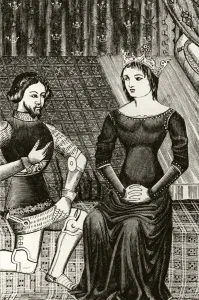 Sir Lancelot Kneels In Front Of Queen Guinevere. 19Th Century Engraving After 12Th Century Original Sir Lancelot Kneels In Front Of Queen Guinevere. 19Th Century Engraving After 12Th Century Original