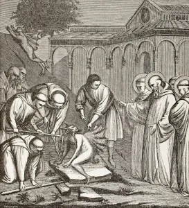 St. Benedict And The Devil. When Benedict Was Building A Chapel, The Devil Sat On A Stone And Nobody Could Move Him St. Benedict And The Devil. When Benedict Was Building A Chapel, The Devil Sat On A Stone And Nobody Could Move Him