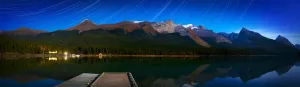 Starry Night Panoramic Of Mountains And Lake, Jasper National Park, Alberta, Canada Starry Night Panoramic Of Mountains And Lake, Jasper National Park, Alberta, Canada