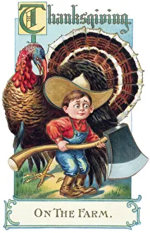 Thanksgiving Greeting Card With Illustration Of Boy And Turkey From 20th Century Thanksgiving Greeting Card With Illustration Of Boy And Turkey From 20th Century