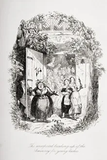 The Unexpected Breaking Up Of The Seminary For Young Ladies. Illustration From The Charles Dickens Novel The Pickwick The Unexpected Breaking Up Of The Seminary For Young Ladies. Illustration From The Charles Dickens Novel The Pickwick