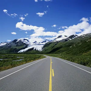 USA, Blue Skies And Mountain Peaks In Distance; Alaska, Richardson Highway Leading To Worthington Glacier USA, Blue Skies And Mountain Peaks In Distance; Alaska, Richardson Highway Leading To Worthington Glacier