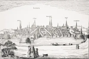 View Of Lubeck And Its Harbour In 16Th Century. After Copper Plate In Commentaria Rerum Germanicarum By P View Of Lubeck And Its Harbour In 16Th Century. After Copper Plate In Commentaria Rerum Germanicarum By P