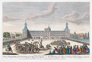 A view of the royal palace of his Catholic Majesty the King of Spain, Madrid. Hand coloured engraving dated 1752 A view of the royal palace of his Catholic Majesty the King of Spain, Madrid. Hand coloured engraving dated 1752