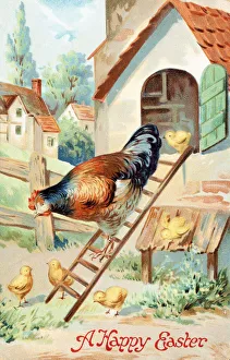 Vintage Easter Greeting Card With Illustration Of Hen And Chicks From 20th Century Vintage Easter Greeting Card With Illustration Of Hen And Chicks From 20th Century