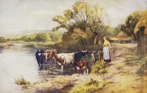 Vintage Greeting Card With Illustration Of Milkmaid Next To Cows In A Stream From The 19th Century Vintage Greeting Card With Illustration Of Milkmaid Next To Cows In A Stream From The 19th Century