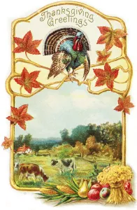 Vintage Thanksgiving Greeting Card With Illustration Of Turkey And Cows From 19th Century Vintage Thanksgiving Greeting Card With Illustration Of Turkey And Cows From 19th Century