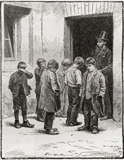 A visit from the school board inspector in Victorian London. From London Pictures, published 1890 A visit from the school board inspector in Victorian London. From London Pictures, published 1890