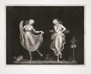 Two women in Grecian style dress dancing. From an early 19th century print engraved by Luigi Cunego after a design by Two women in Grecian style dress dancing. From an early 19th century print engraved by Luigi Cunego after a design by