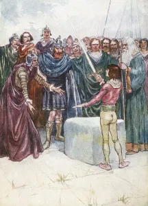 The young Arthur draws the sword Excalibur from the stone. After an illustration by 19th century artist Archibald The young Arthur draws the sword Excalibur from the stone. After an illustration by 19th century artist Archibald
