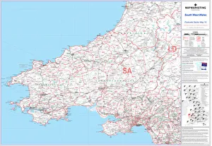 South West Wales Postcode Sector Map Print, Greyscale Road Network