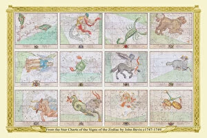 Astronomy, Celestial and Star Charts Collection: Complete Set of Bevis Star Charts of the Signs of the Zodiac in Early Color