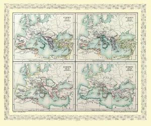 Map of Europe showing how it appeared between AD 565 and AD 720 on 4 map panels for each period Map of Europe showing how it appeared between AD 565 and AD 720 on 4 map panels for each period