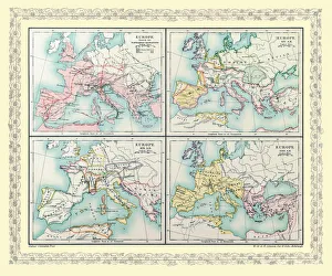 Map of Europe showing the Barbarian Migrations and how Europe appeared between Ad 451 and AD 500 on 4 map panels Map of Europe showing the Barbarian Migrations and how Europe appeared between Ad 451 and AD 500 on 4 map panels