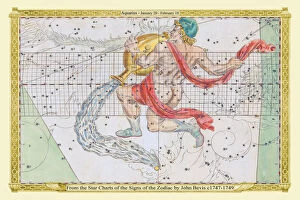 Astronomy, Celestial and Star Charts Collection: Signs of the Zodiac in Early Color by John Bevis ÔÇô Aquarius - January 20 ÔÇô February 18
