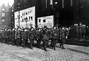 The 16th Manchesters march past Lord Kitchener at Manchester Town Hall with the rest of The 16th Manchesters march past Lord Kitchener at Manchester Town Hall with the rest of