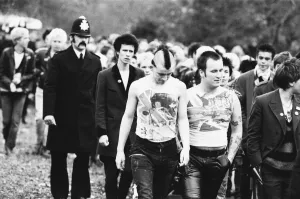 Some of the 300 or so punk devotees who have gathered at Sloane Square Some of the 300 or so punk devotees who have gathered at Sloane Square