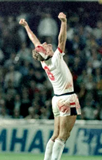 6 September 1989, Sweden v England. Terry Butcher celebrates at the end of Englands vital 6 September 1989, Sweden v England. Terry Butcher celebrates at the end of Englands vital