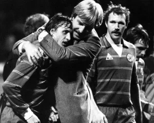 Aad de Mos celebrating goal with Johan Cruyff September 1982 Aad de Mos celebrating goal with Johan Cruyff September 1982