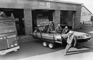 Aberystwyth's RNLI crew and their boat at the town's fire station Aberystwyth's RNLI crew and their boat at the town's fire station