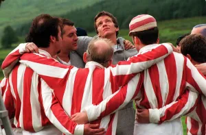 Actor Max Beesley August 1998 looking out from huddle during filming of The Match at Actor Max Beesley August 1998 looking out from huddle during filming of The Match at