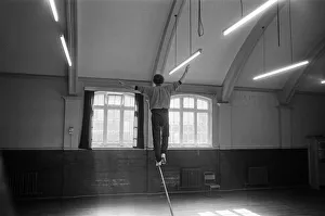 Actor Michael Crawford works out on the high wire. 8th April 1981 Actor Michael Crawford works out on the high wire. 8th April 1981