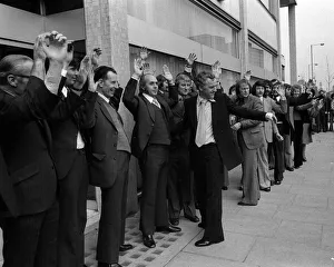 Actors John Thaw and Dennis Waterman frisk 56 men outside the Thames TV building during Actors John Thaw and Dennis Waterman frisk 56 men outside the Thames TV building during