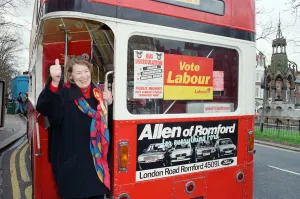 Actress Glenda Jackson standing at the back of a double decker bus Actress Glenda Jackson standing at the back of a double decker bus
