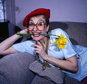 Actress Sue Pollard April 1986 in Adelphi Theatre dressing room wearing red beret Actress Sue Pollard April 1986 in Adelphi Theatre dressing room wearing red beret