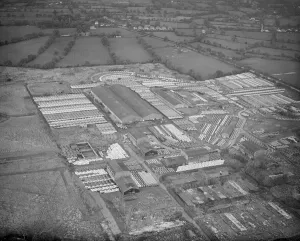 An aerial view showing some of the 16000 newly produced Austin cars which have just come An aerial view showing some of the 16000 newly produced Austin cars which have just come