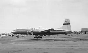 Aircraft Bristol Britannia Mk 100 comes in to land at the SBAC Farnborough Air Show 1955 Aircraft Bristol Britannia Mk 100 comes in to land at the SBAC Farnborough Air Show 1955