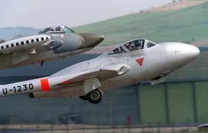 Aircraft deHavilland Vampire and Venom August 1993 taking off in formation at Aircraft deHavilland Vampire and Venom August 1993 taking off in formation at
