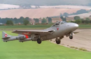 Aircraft de Havilland Vampire August 1993, taking off at the Wroughton Airshow Aircraft de Havilland Vampire August 1993, taking off at the Wroughton Airshow