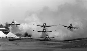 Aircraft Jet Provost trainers turn on the smoke Sept 1962 while landing in Aircraft Jet Provost trainers turn on the smoke Sept 1962 while landing in