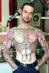 Alan Graham and his skeleton body tattoo. March 1997 Alan Graham and his skeleton body tattoo. March 1997