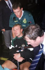 Alan Shearer in Ambulance after injuring ankle July 1997 in Umbro Cup tournament Alan Shearer in Ambulance after injuring ankle July 1997 in Umbro Cup tournament