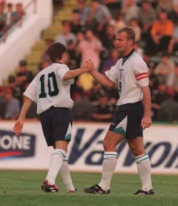ALAN SHEARER & NICK BARMBY CELEBRATE GOALS DURING ENG V MOLDOVA MATCH ALAN SHEARER & NICK BARMBY CELEBRATE GOALS DURING ENG V MOLDOVA MATCH