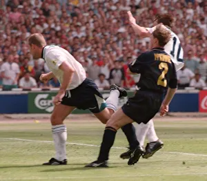 ALAN SHEARER SCORES HIS GOAL FOR ENGLAND AGAINST SCOTLAND IN THEIR EURO 96 MATCH AT ALAN SHEARER SCORES HIS GOAL FOR ENGLAND AGAINST SCOTLAND IN THEIR EURO 96 MATCH AT