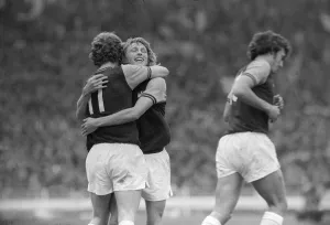 Alan Taylor gets a hug after scoring in FA cup final 1975 for West Ham against Alan Taylor gets a hug after scoring in FA cup final 1975 for West Ham against