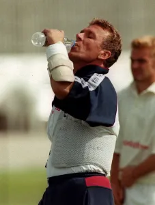 Alec Stewart Engalnd cricket captain has a drink July 1998 during net practice for Alec Stewart Engalnd cricket captain has a drink July 1998 during net practice for