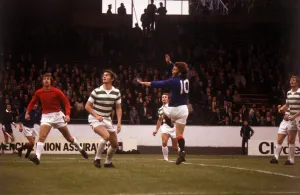 Alfie Conn heads ball over the bar August 1973 Alfie Conn heads ball over the bar August 1973