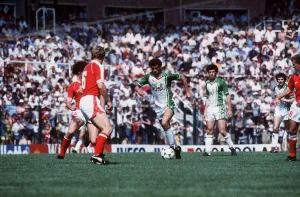 Algeria v Austria World Cup 1982 football Salah Assad takes on Bruno Pezzey Algeria v Austria World Cup 1982 football Salah Assad takes on Bruno Pezzey